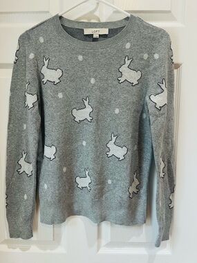 LOFT Gray Crewneck Sweater with White Rabbit Intarsia, size S